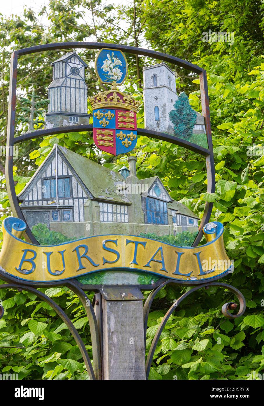 Village sign for Burstall, Suffolk, England, UK Stock Photo Alamy