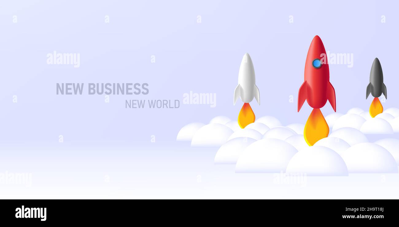 Illustration of 3d rockets in red black and white colors in cloud, render style graphic Stock Vector
