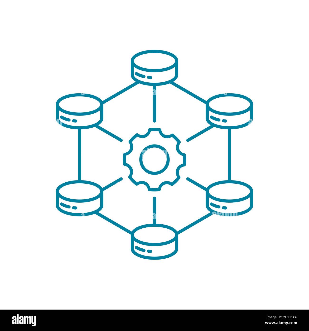 Database servers with a gear. Big data framework line icon. Data architecture network. Data analysis. Information storage. Vector illustration. Stock Vector