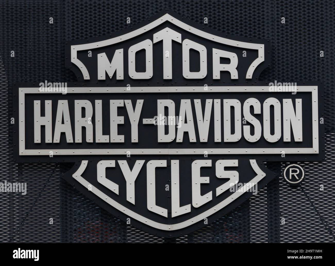 Poznan Poland - June 21.2021:Harley-Davidson logo on wall. Harley-Davidson is American motorcycle manufacturer. Stock Photo