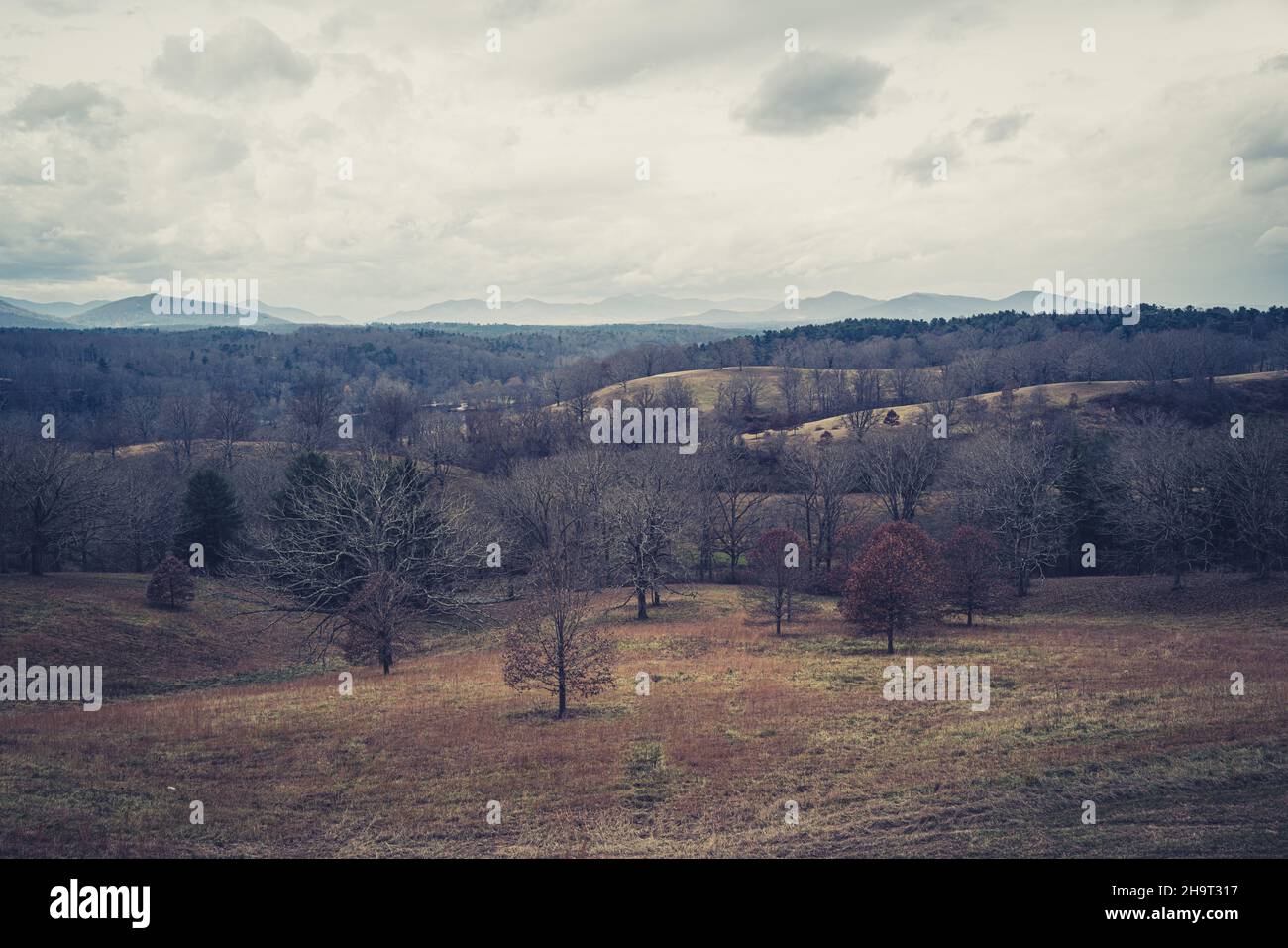 A wide angle cinematic landscape photo with the Blue Ridge Mountains in the background. Stock Photo