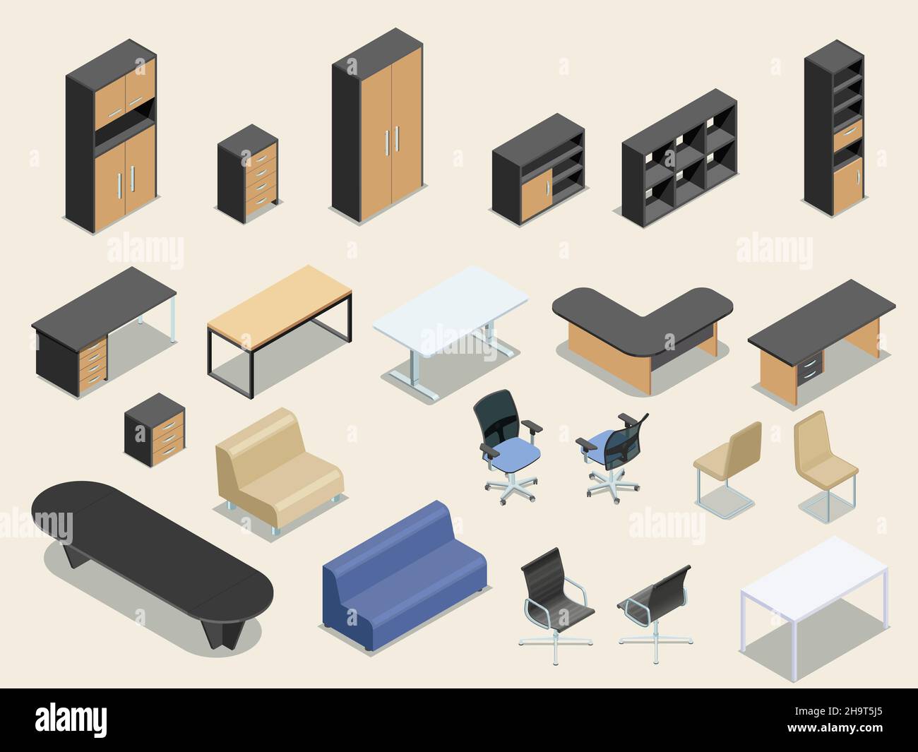 Office furniture isometric illustration collection. Flat isometric vector illustration. Stock Vector