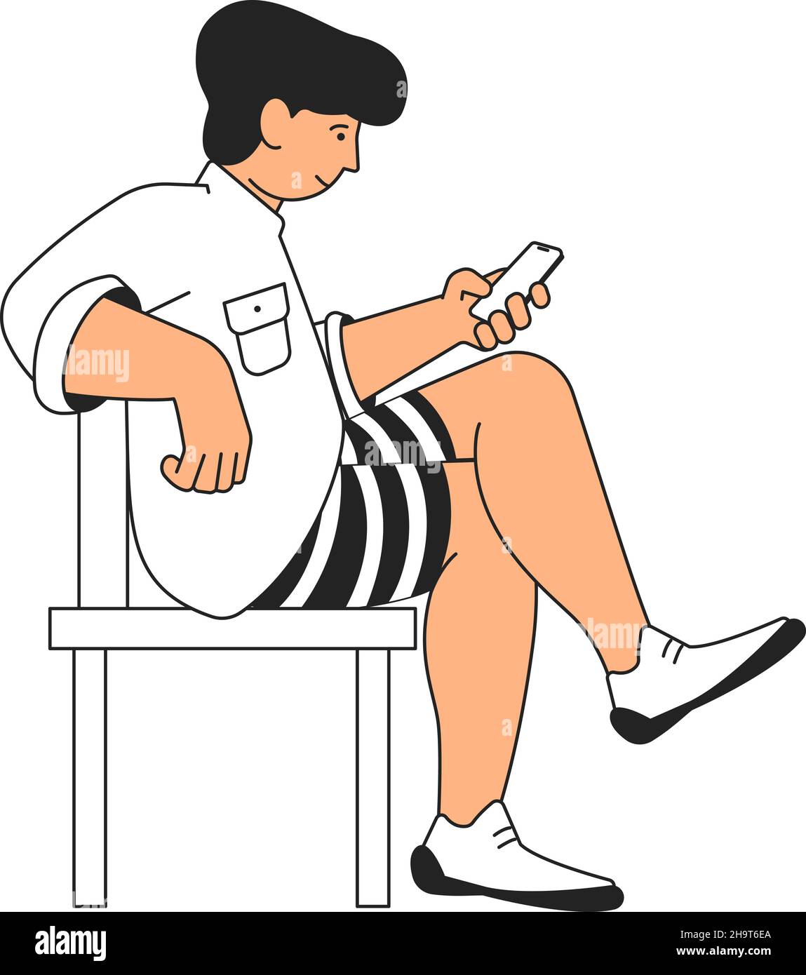 Girl using phone. Young woman sitting legs crossed looking in smartphone Stock Vector