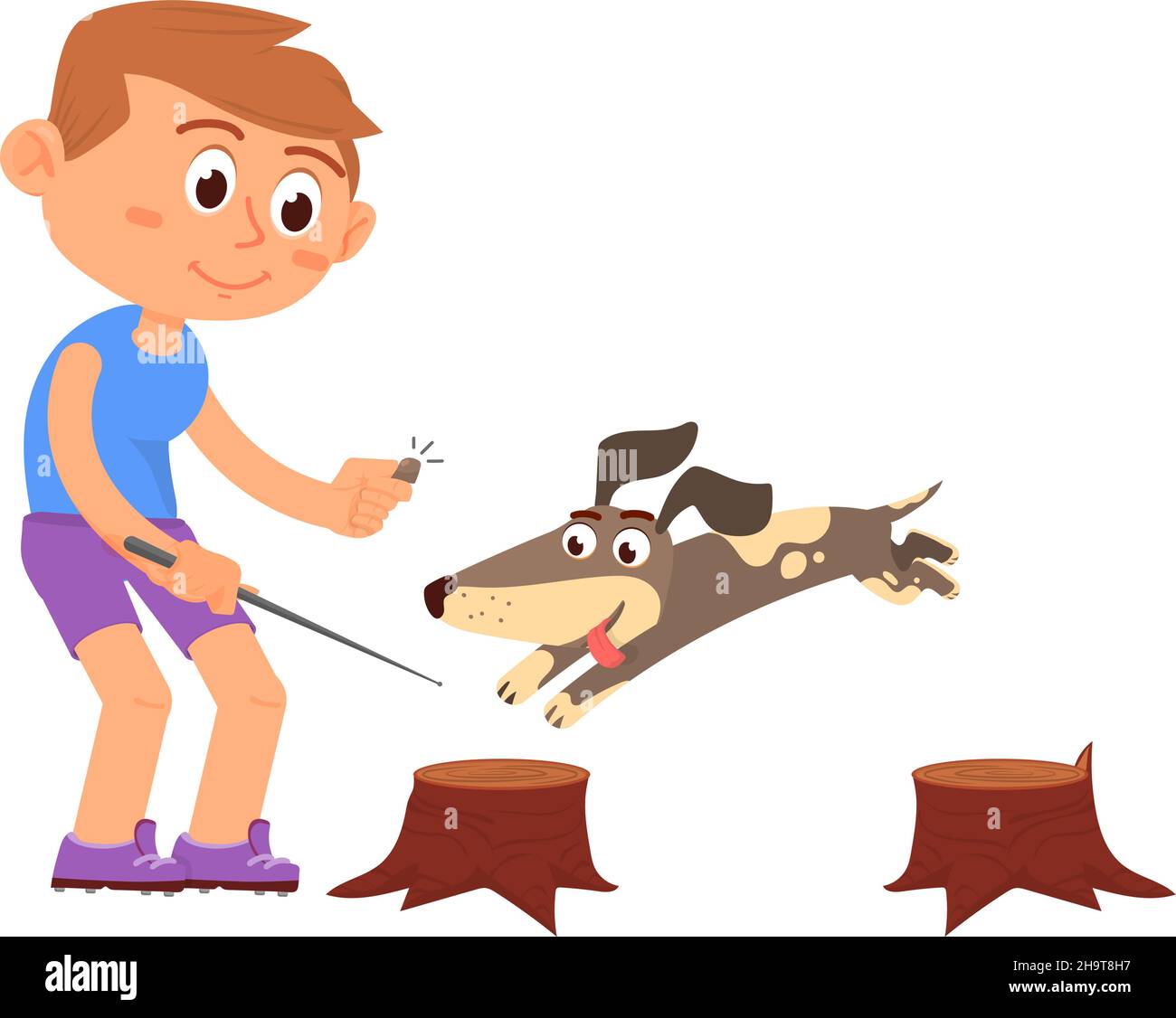 Dog training. Puppy jumping on tree stumps. Boy playing with pet Stock Vector Image & Art Alamy