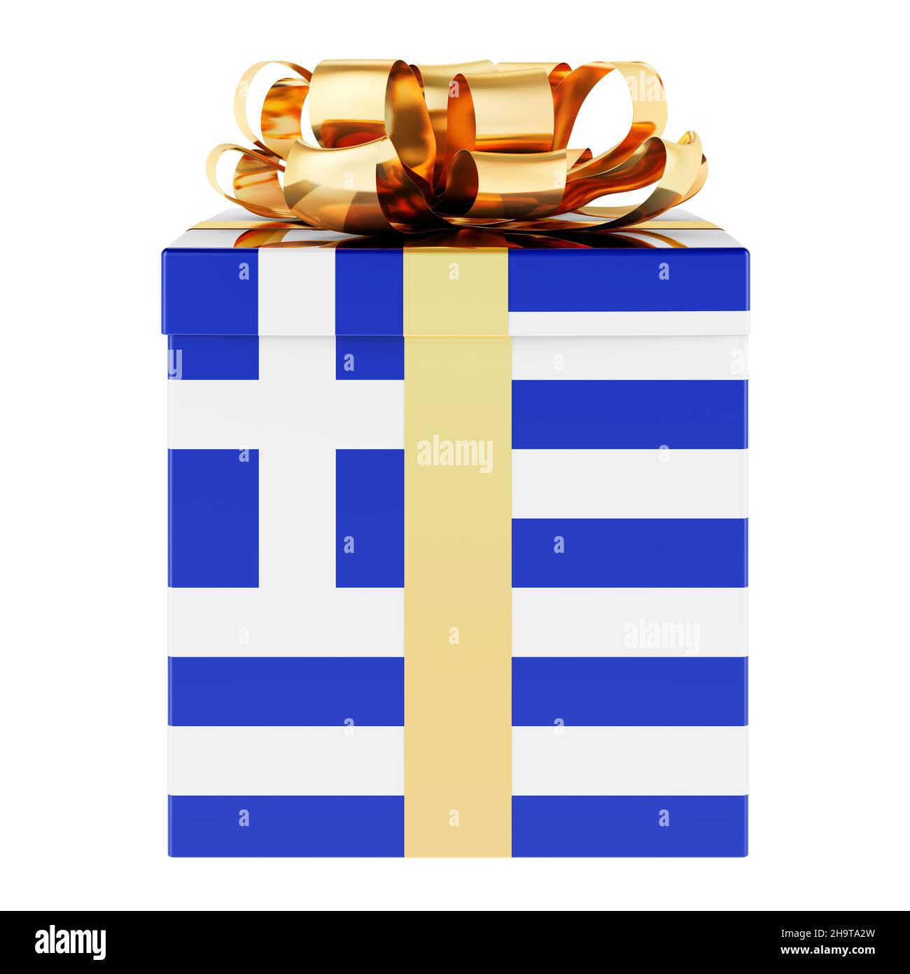 Gift box with Greek flag. Holiday in Greece, concept. 3D rendering