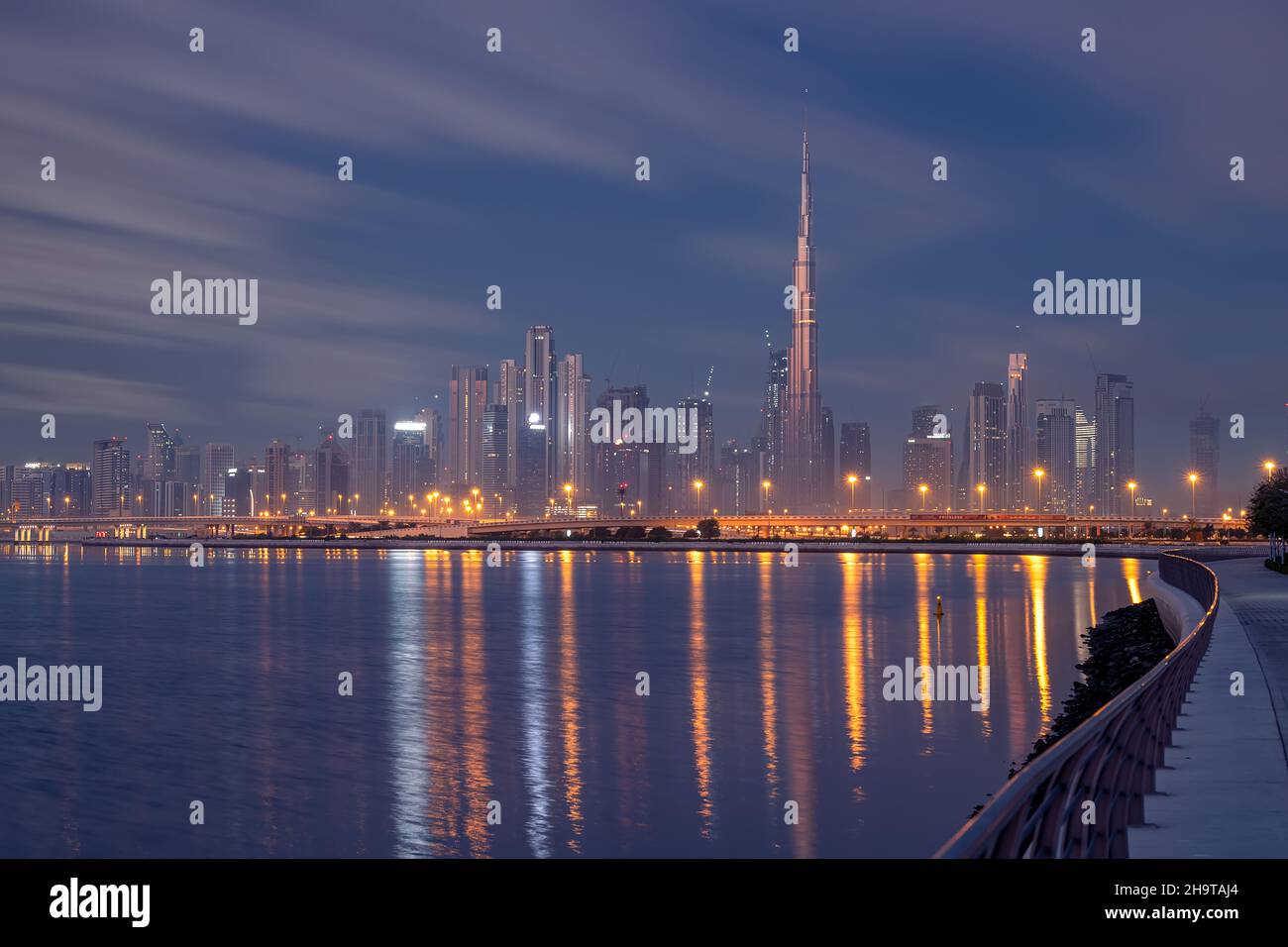 Panoramic view of the Dubai skyline with Burj khalifa and other sky scrapers from Al Jadaf Waterfront Dubai Stock Photo