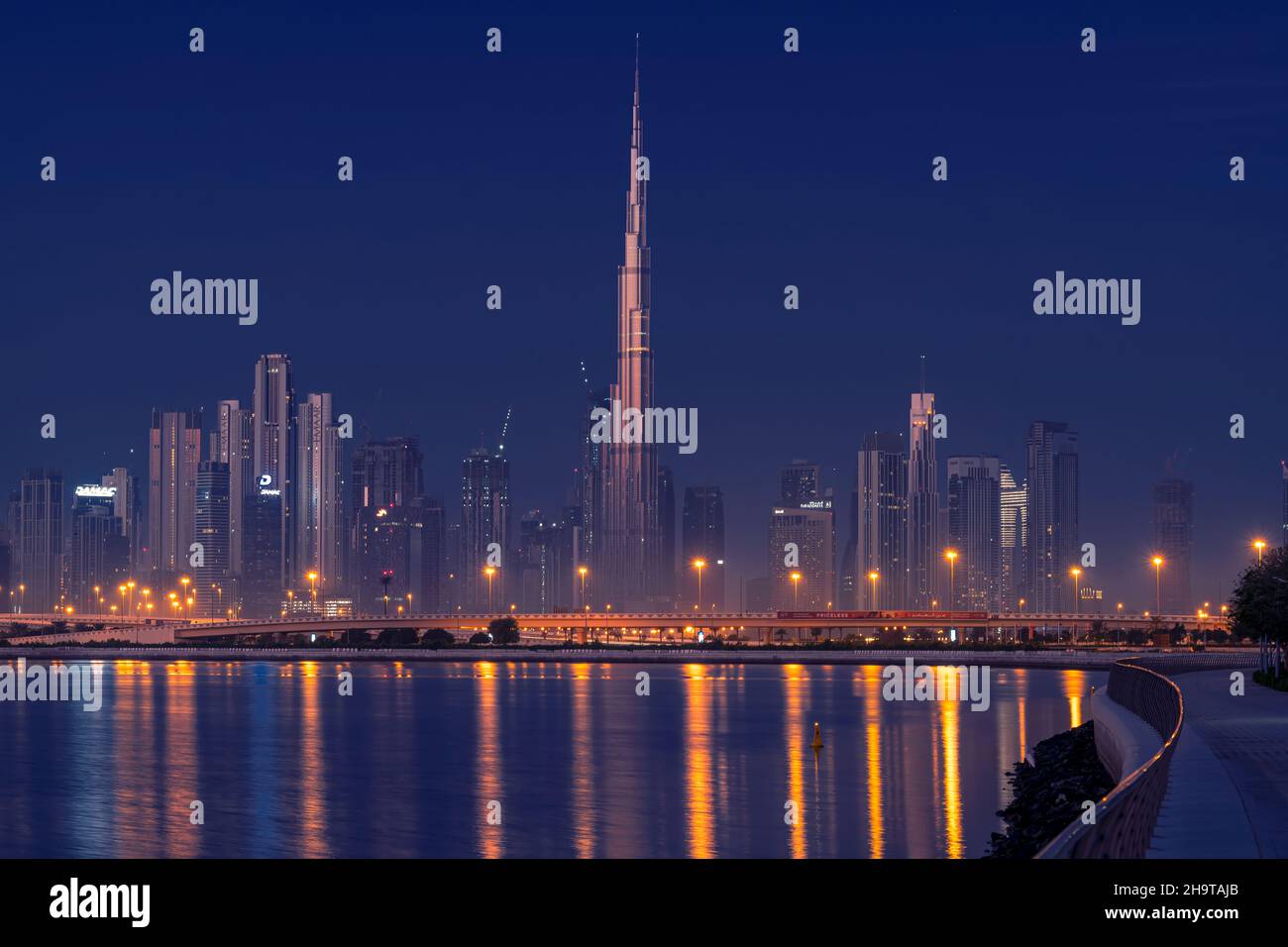 Panoramic view of the Dubai skyline with Burj khalifa and other sky scrapers from Al Jadaf Waterfront Dubai Stock Photo