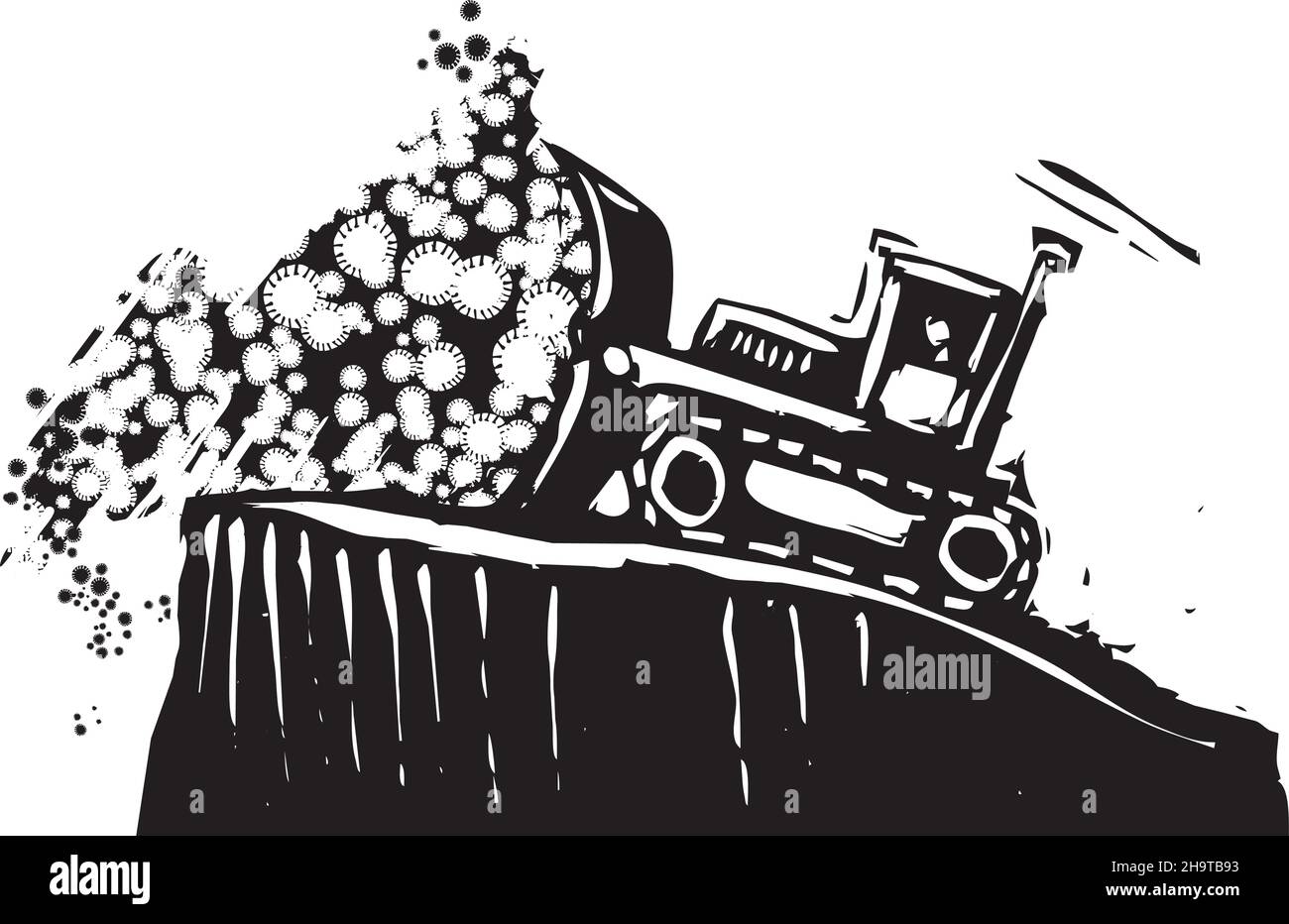 Woodcut expressionist style illustration of of a bulldozer pushing covid over a cliff Stock Vector