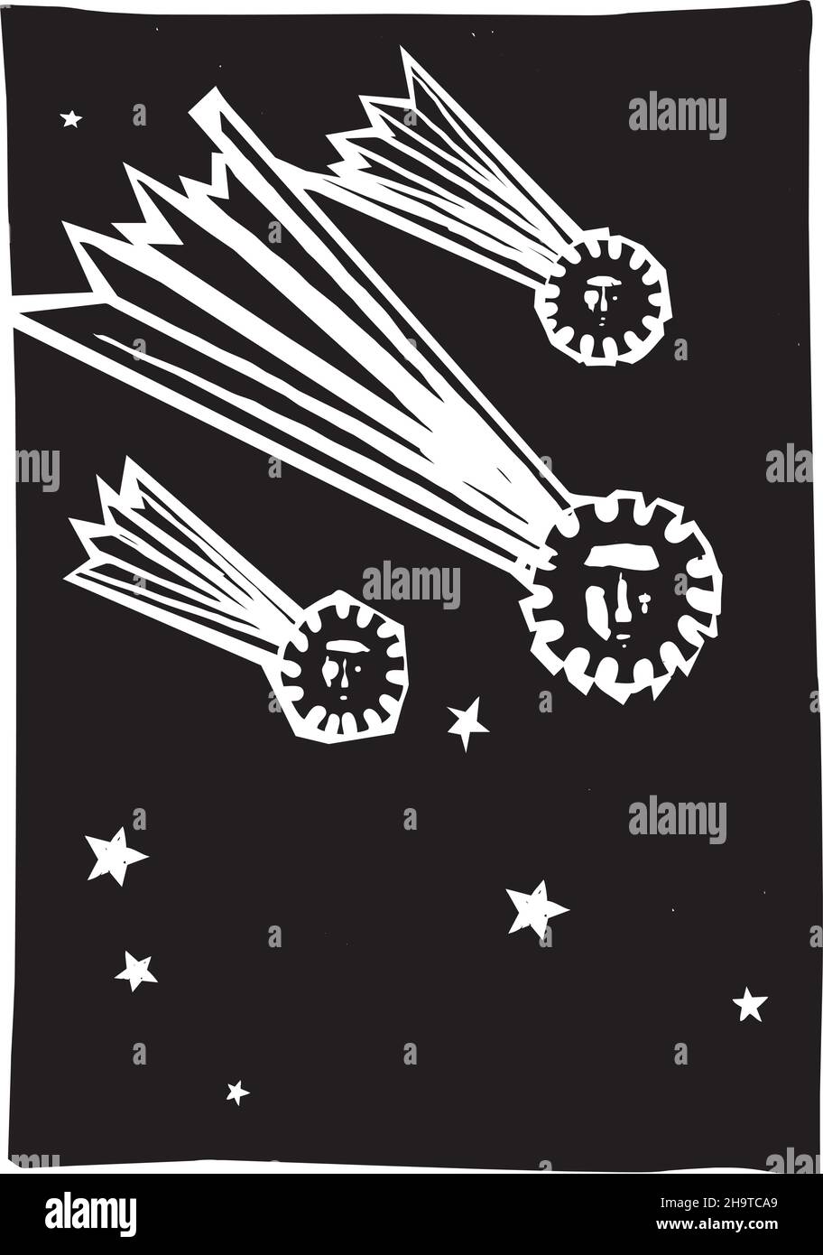 Woodcut expressionist style illustration of comets that look like covid pandemic spores Stock Vector