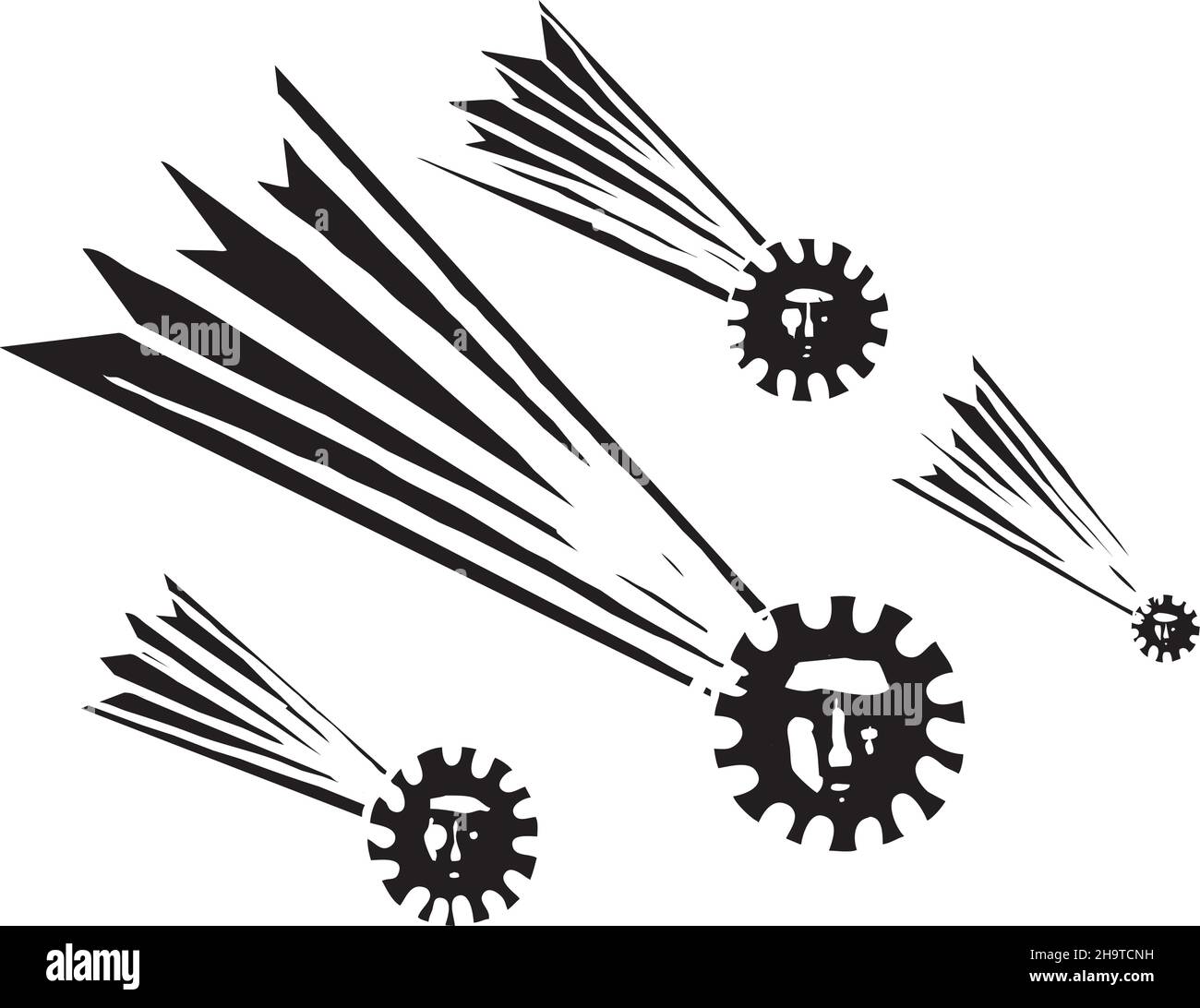 Woodcut expressionist style illustration of comets that look like covid pandemic spores over the earth Stock Vector