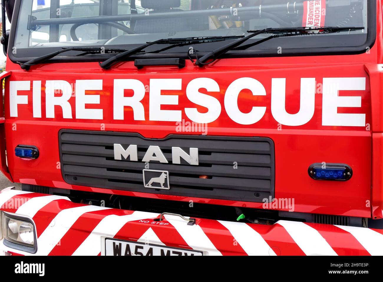 Cotswold Airport,Kemble,Gloucestershire,UK - September 16 2018:Front view of an Ex-Devon Fire and Rescue Service MAN LE15.280 John Dennis Fire Engine Stock Photo