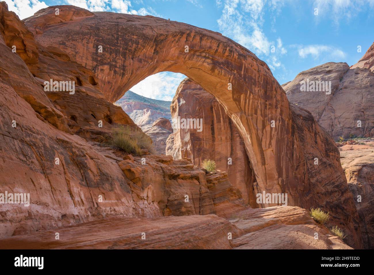 Glen Canyon National Recreation Area, Utah, USA. Low angle view from rocky outcrop of the huge sandstone arch of Rainbow Bridge National Monument. Stock Photo