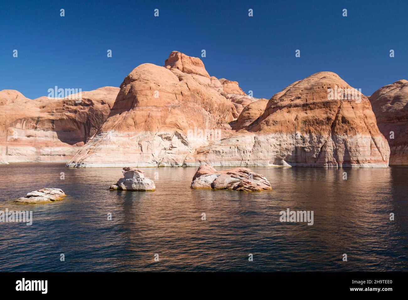 Glen Canyon National Recreation Area, Utah, USA. Sandstone cliffs refected in the tranquil waters of Forbidding Canyon, a narrow arm of Lake Powell. Stock Photo