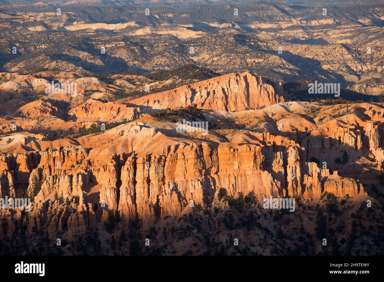 Bryce Canyon National Park, Utah, USA. View across Bryce Amphitheatre to Sinking Ship Mesa from the Rim Trail at Bryce Point, sunset. Stock Photo