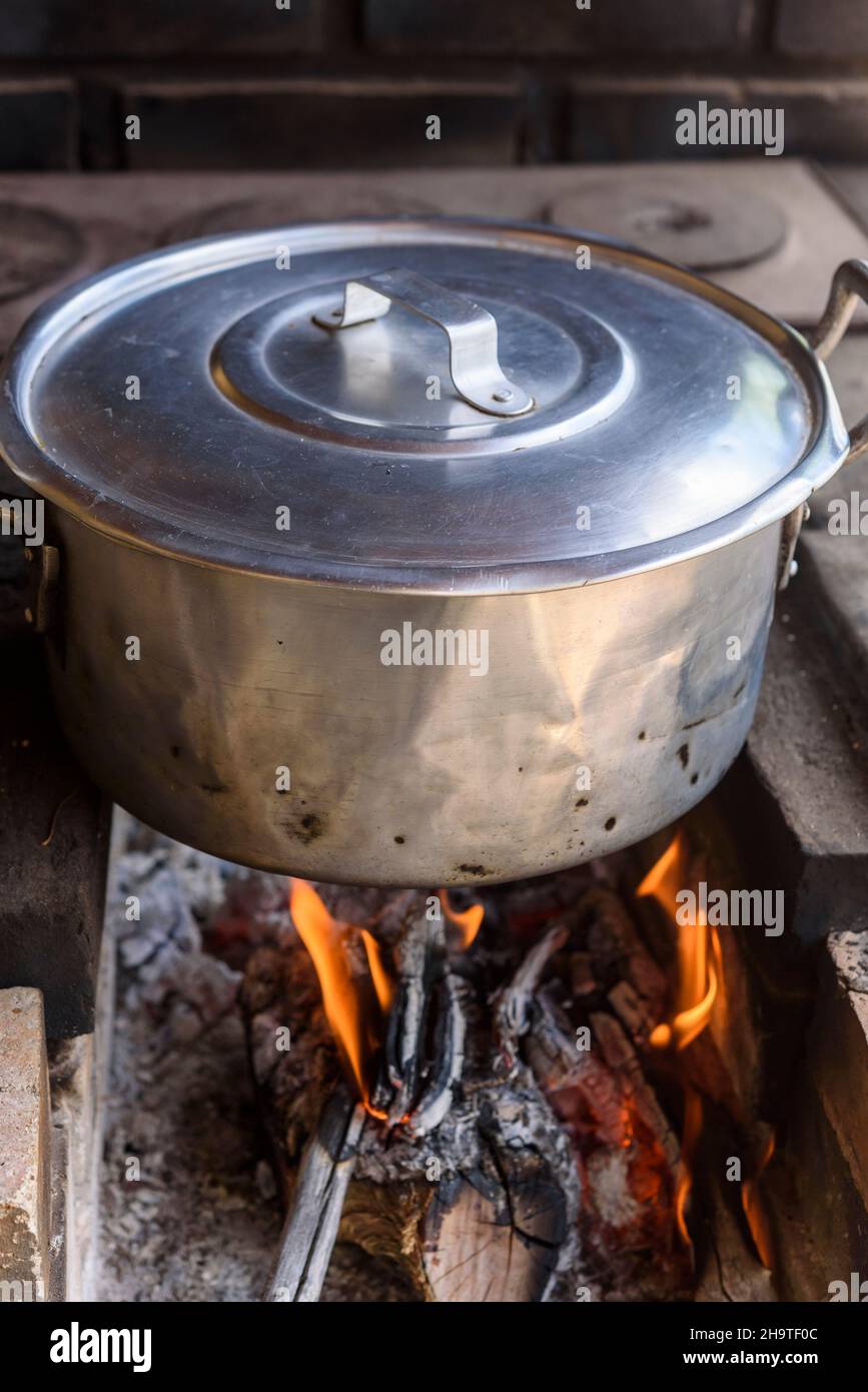 Wood stove with aluminum pan Stock Photo Alamy