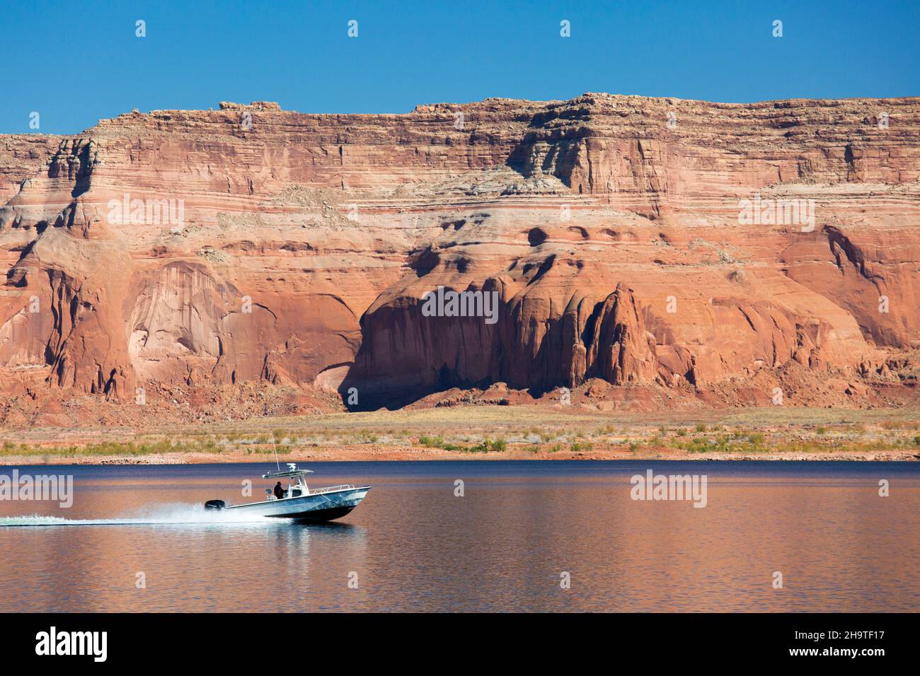 Glen Canyon National Recreation Area, Utah, USA. Small boat speeding across Lake Powell beneath high red sandstone cliffs. Stock Photo