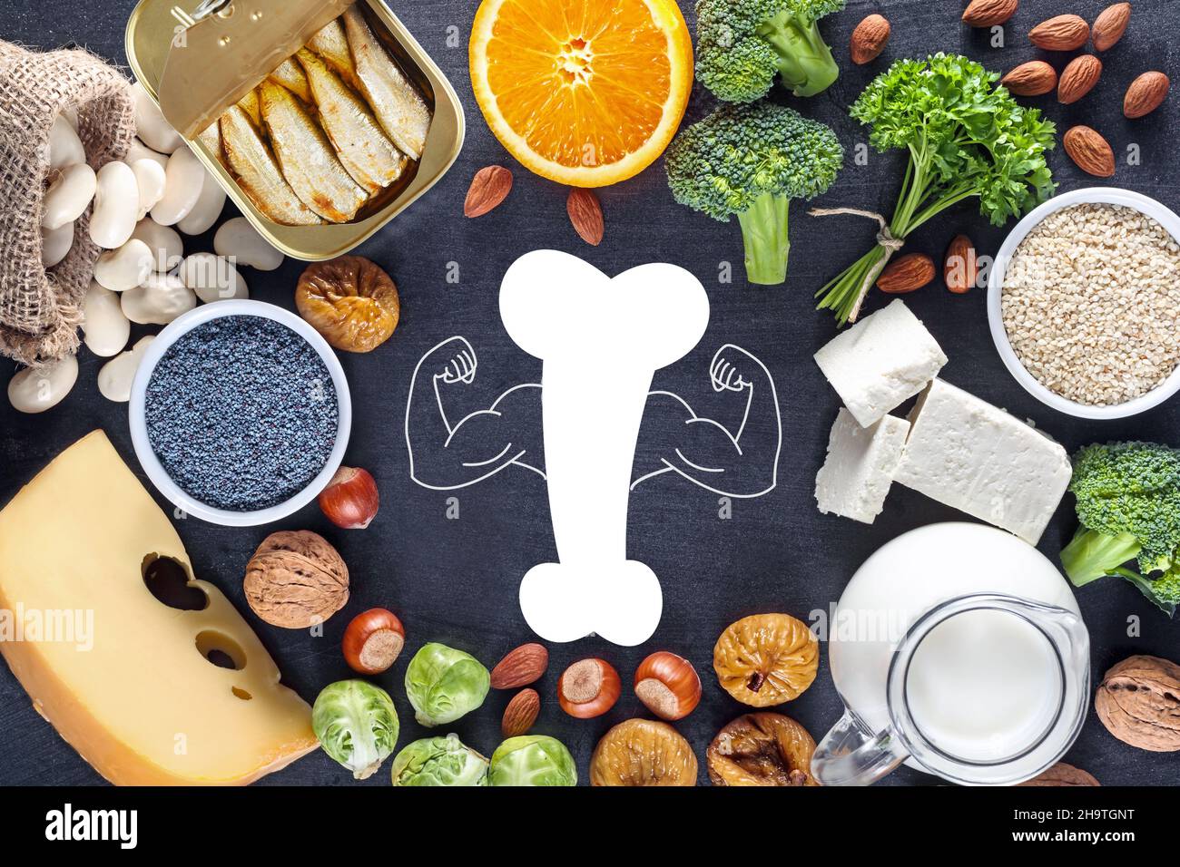 Food for healthy bones, calcium sorce. Foods as sardines, bean, dried