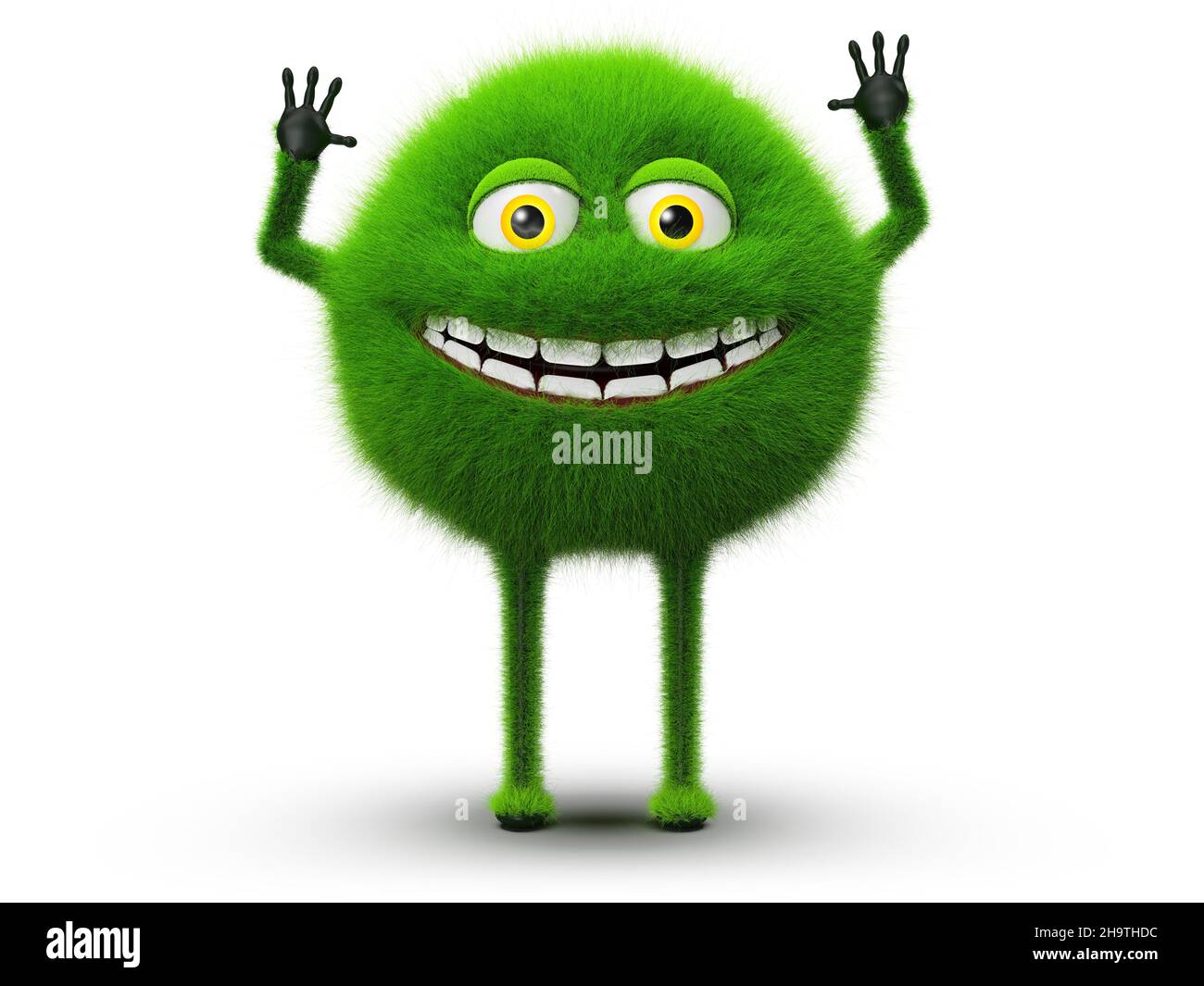 Green happy furry monster with joyful face and laughing mouth, isolated on white background, 3D rendering Stock Photo