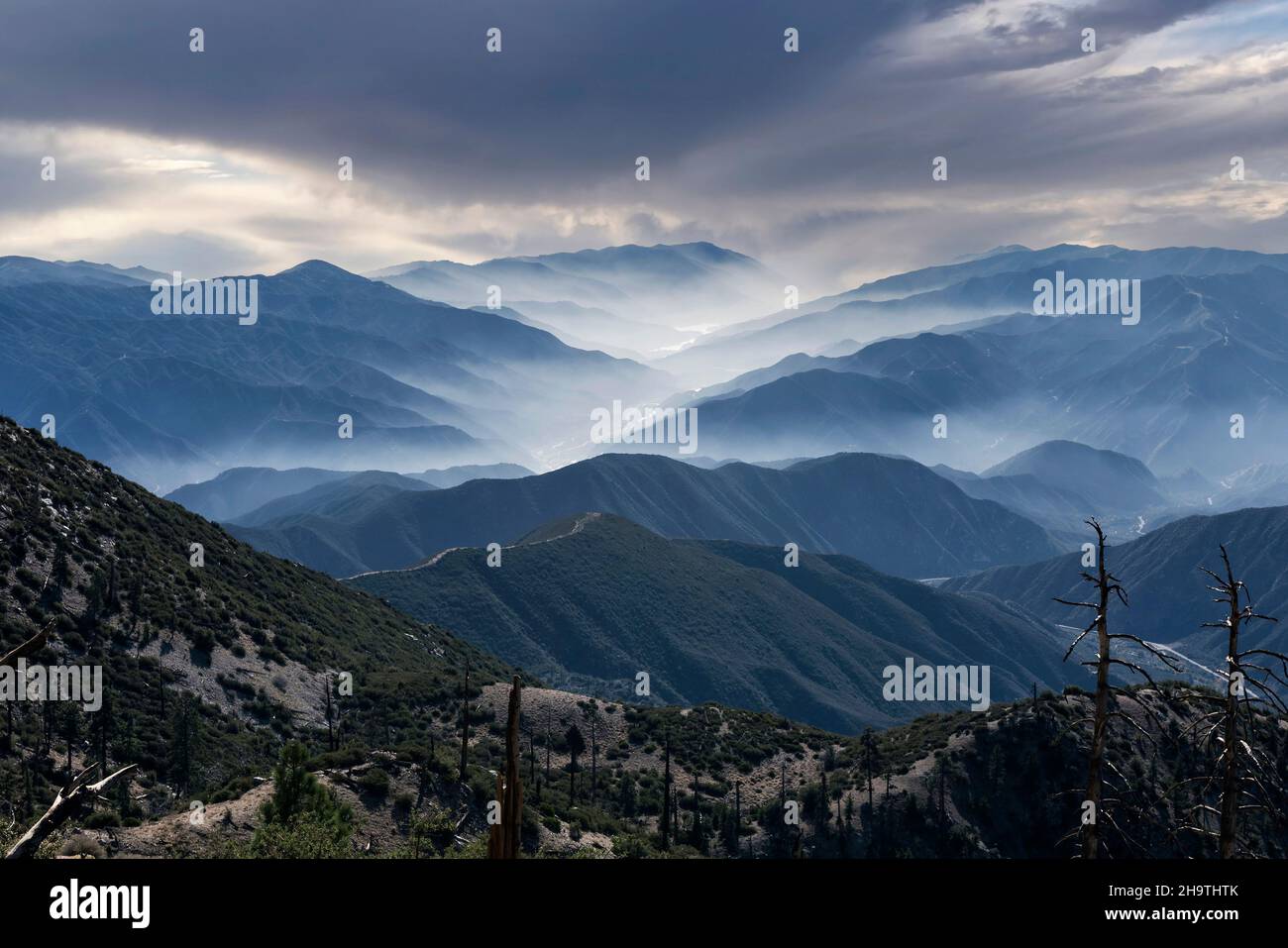View of San Gabriel Canyon from the South Mt Hawkins Lookout Trail in the Angeles National Forest area of Los Angeles County, California. Stock Photo