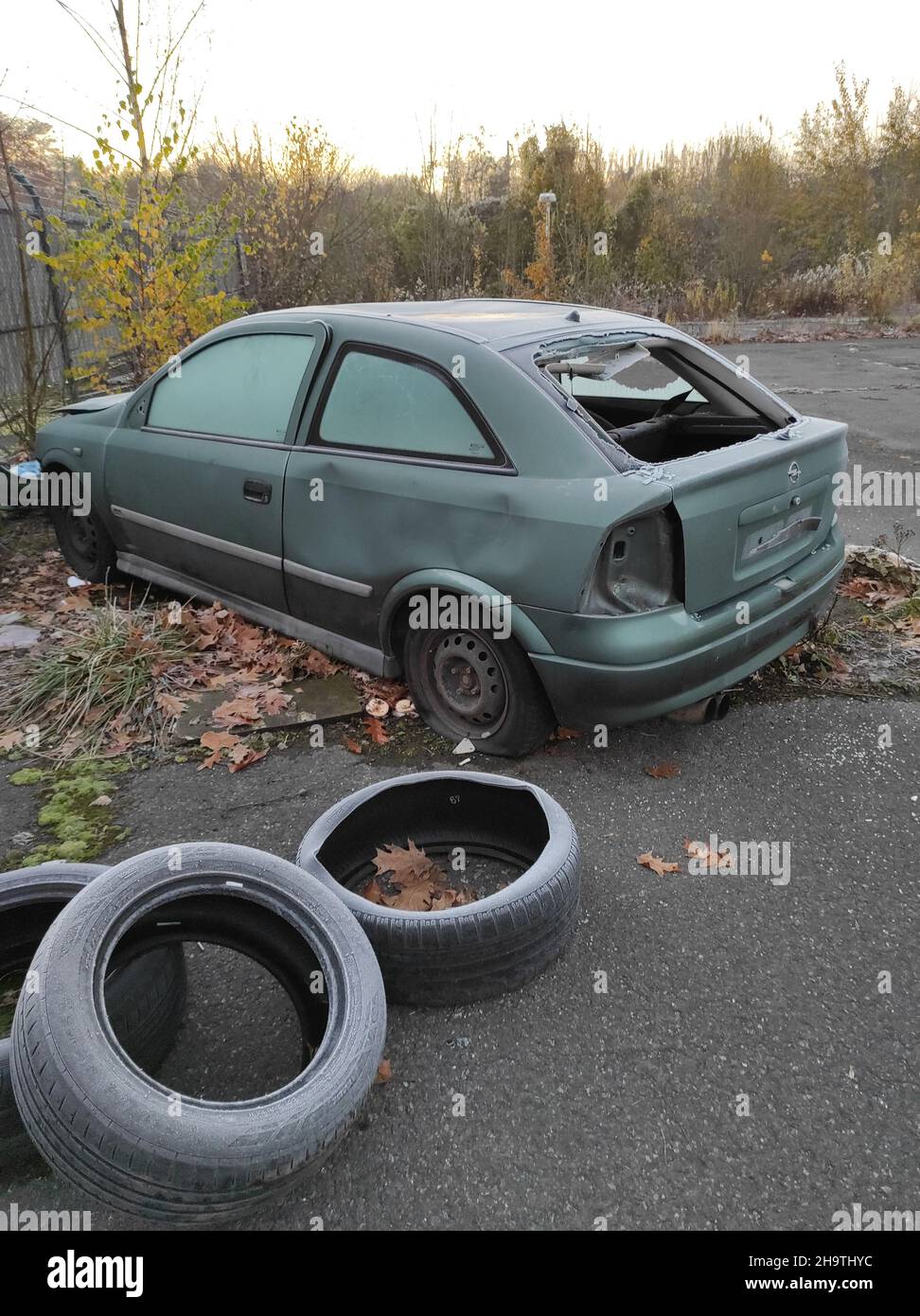 car wrack on a parking lot, Germany, North Rhine-Westphalia, Ruhr Area, Bochum Stock Photo
