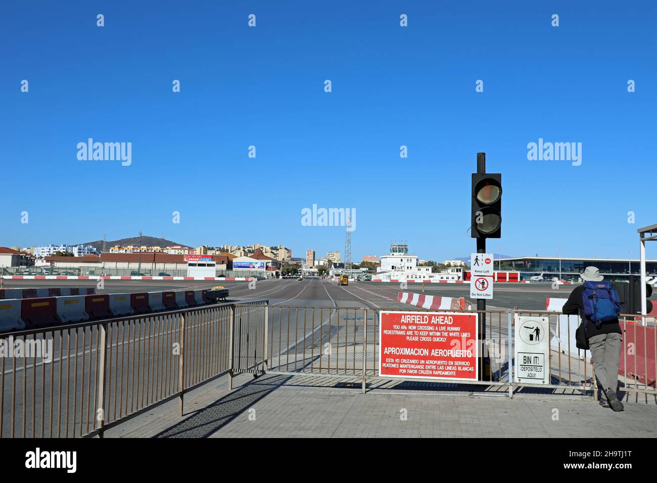 Path and roadway across the live airfield in Gibraltar Stock Photo