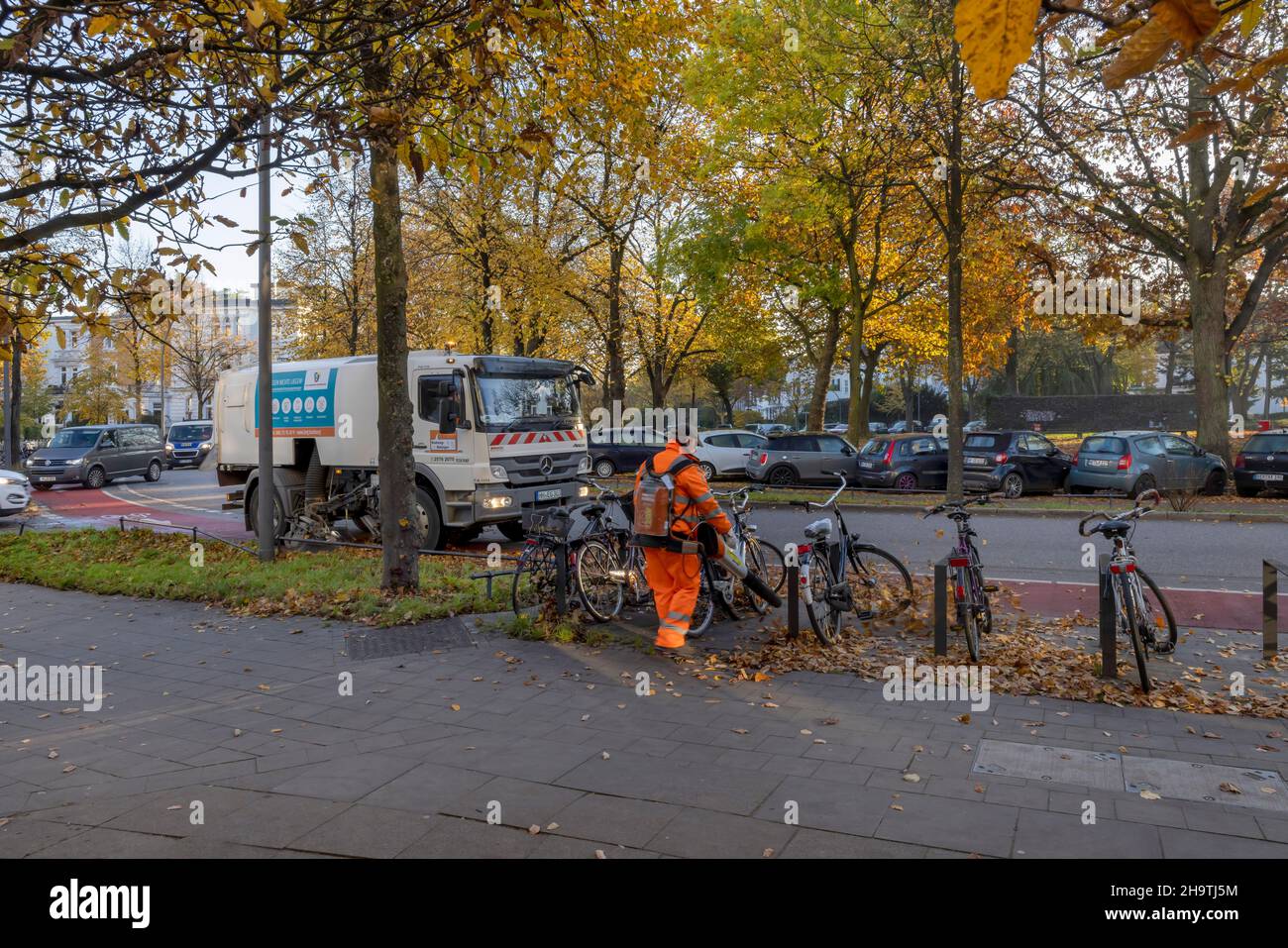 leaf blower on work, Germany Stock Photo