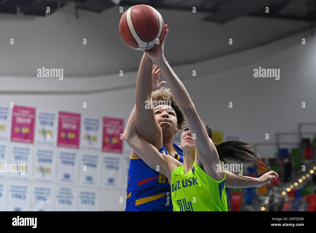 Prague, Czech Republic. 08th Dec, 2021. From left Celia Riviere of Montpellier, Dragana Stankovic of USK in action during the basketball EuroLeague Women group A, 8th round game: USK Praha vs Lattes Montpellier in Prague, Czech Republic, December 8, 2021. Credit: Ondrej Deml/CTK Photo/Alamy Live News Stock Photo