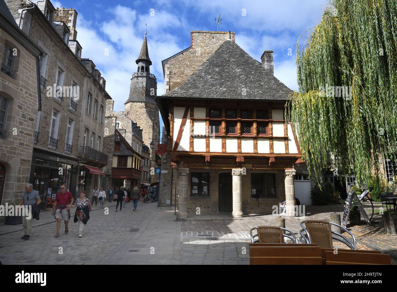 Hotel Keratry, tower of l'Horloge in the background , France, Brittany, Departement Cotes-d’Armor , Dinan Stock Photo