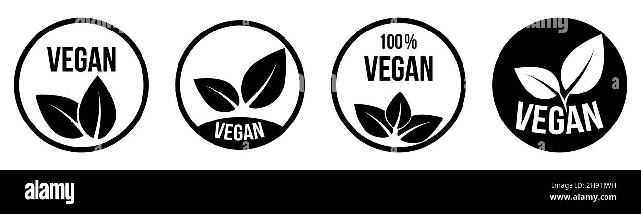 Vegan black icon set. Organic, bio, eco symbols. Vector illustration isolated on white background Stock Vector