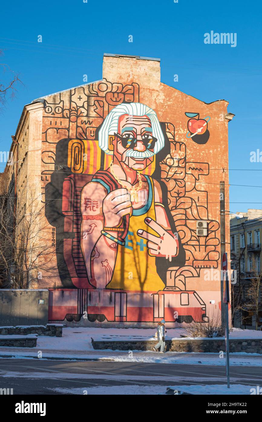 Hipster Einstein, new giant mural at the heart of Vilnius Station District Stock Photo