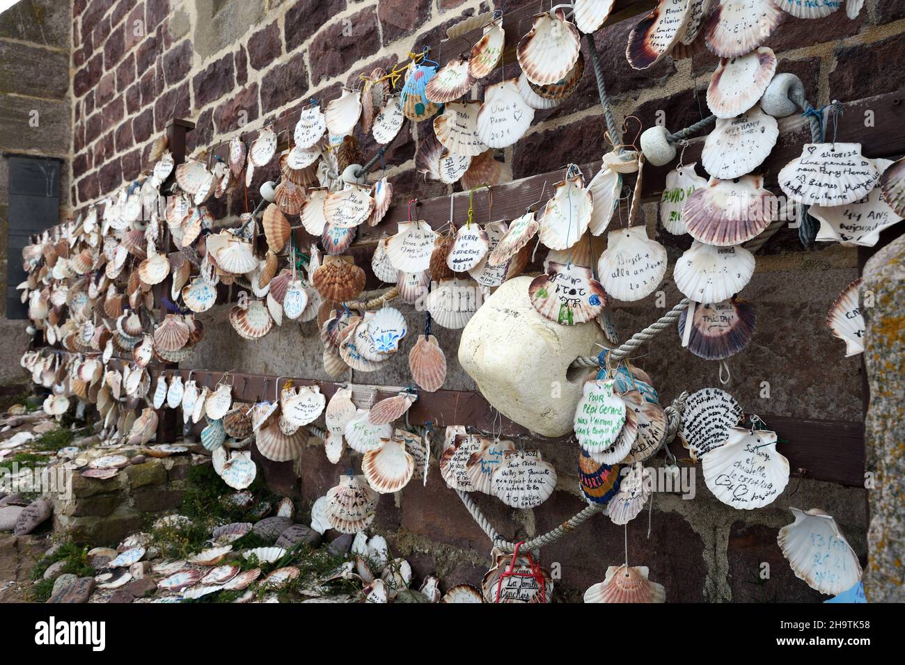 St.James's scallop, great scallop (Pecten jacobaeus), inscribed Jacob pilgrim shells hanging on the outside of the wall of the Chapel of Saint Stock Photo