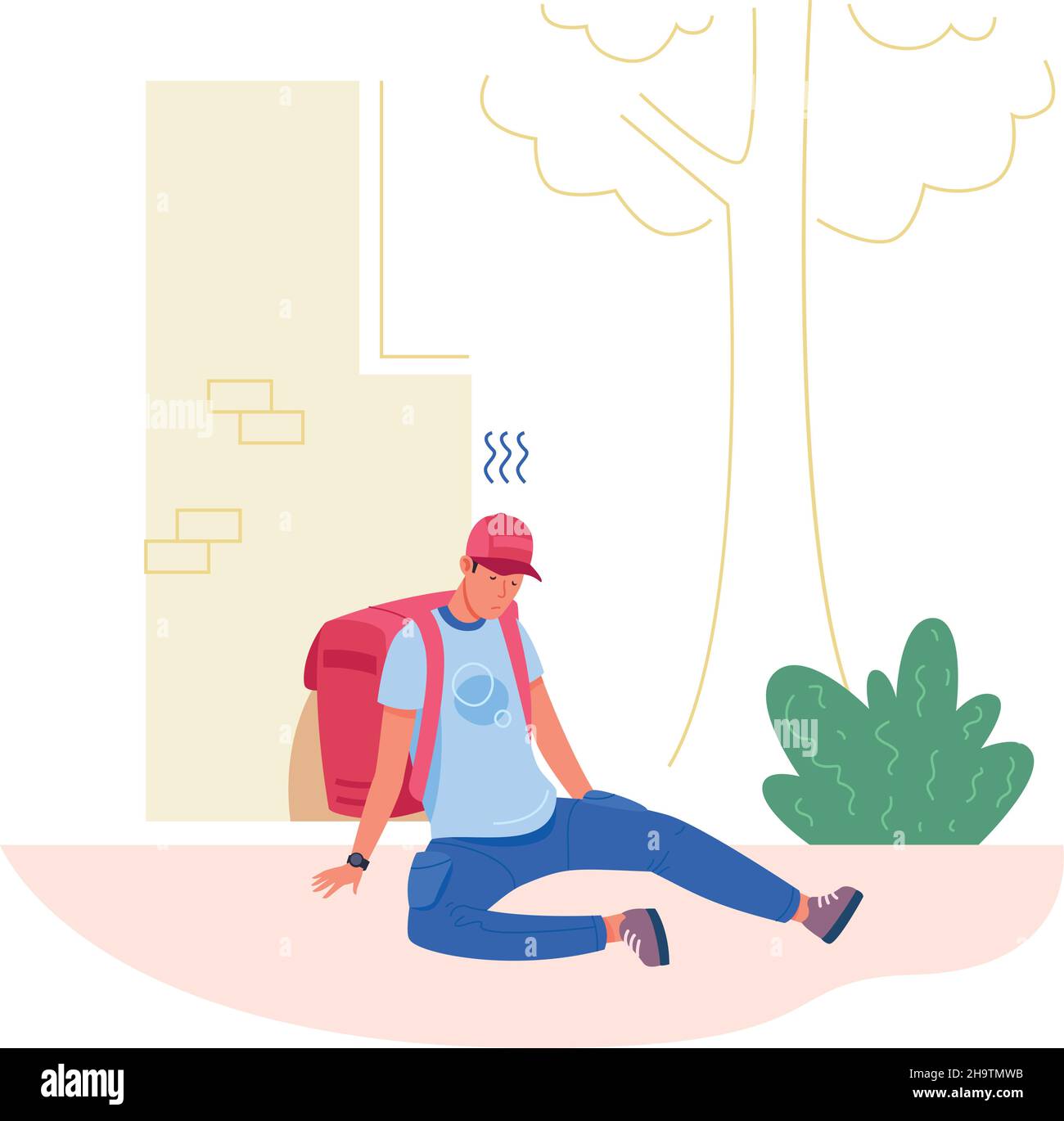 Tired courier. Fatigued delivery worker sit at ground, vector illustration isolated on white background Stock Vector