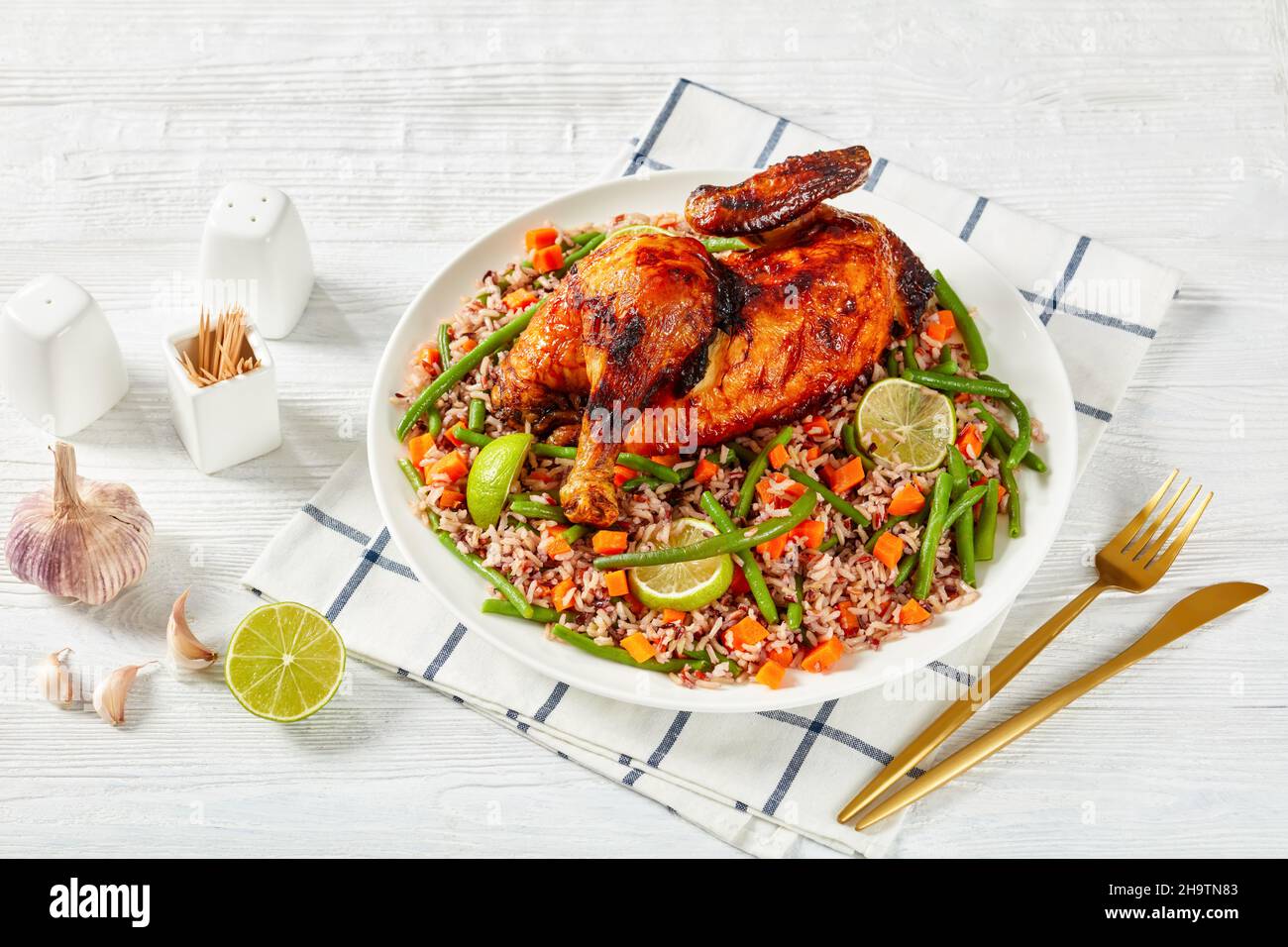 Charcoal Grilled Chicken with Veggie Fried brown and wild Rice on a