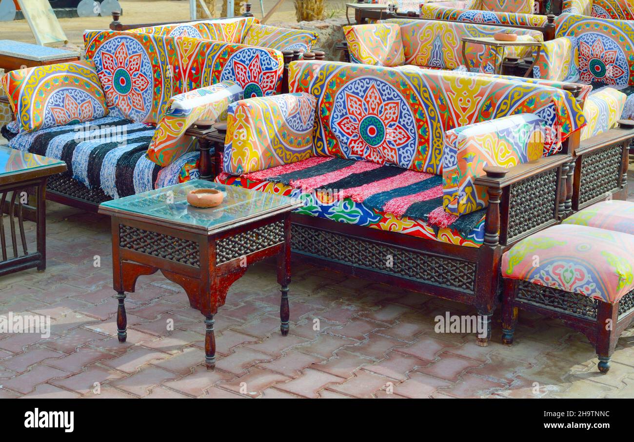Cafe and shisha bar with beautiful oriental furniture. In Egyptian hotel. Stock Photo