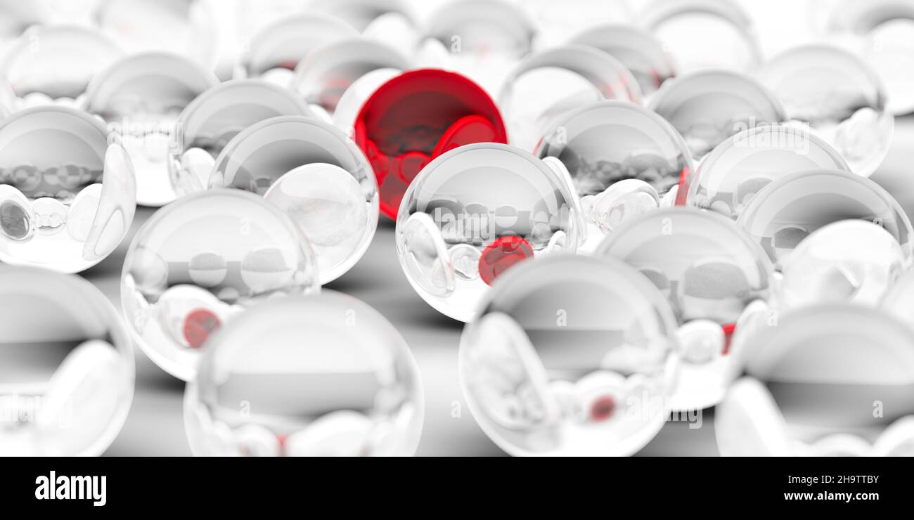 Single glass red sphere in the middle of group of transparent glass spheres over white background, team, leadership or individuality concept, 3d illus Stock Photo