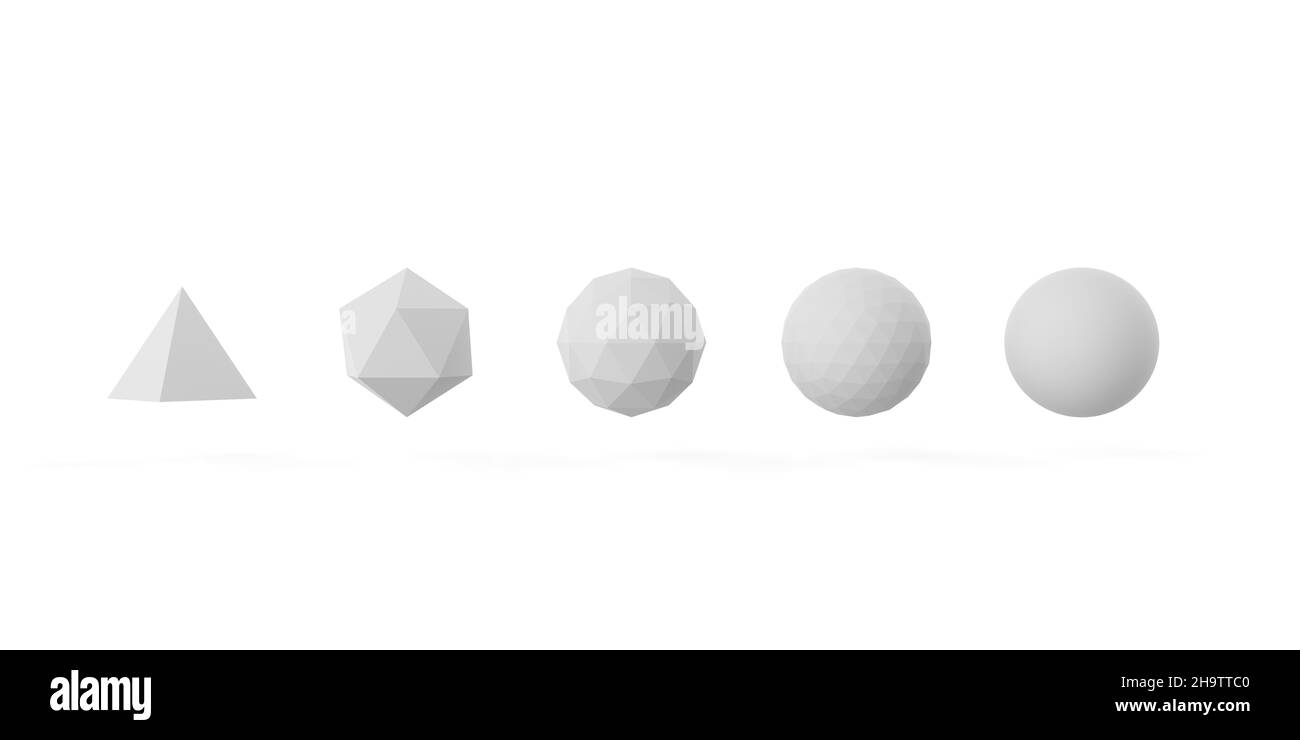 Evolving sequence from pyramid to sphere over white background, evolution, development process or success concept, 3D illustration Stock Photo