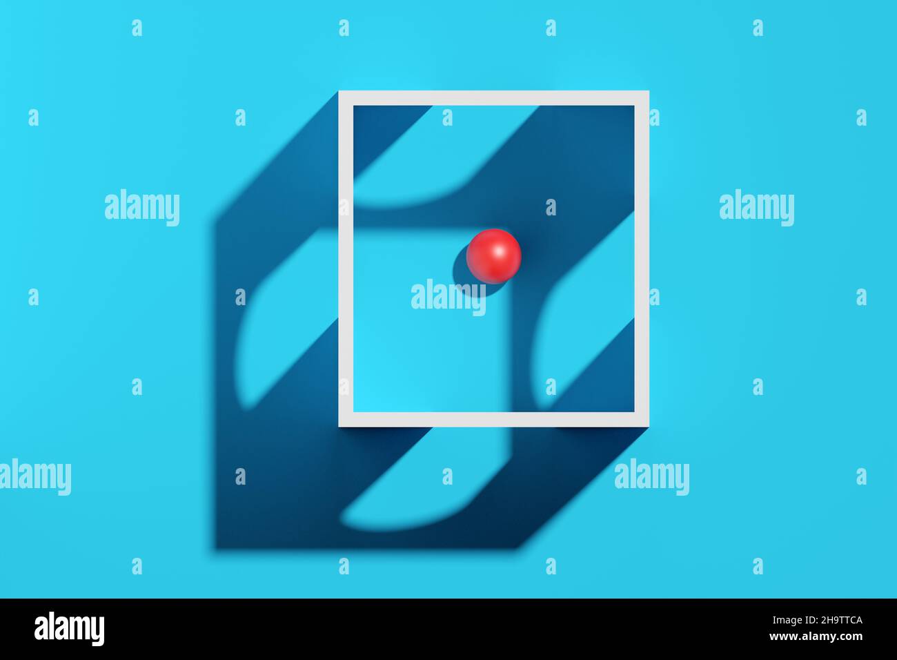 Red sphere in white box with different exits over cyan background, way finding, decision making minimal modern concept, 3D illustration Stock Photo