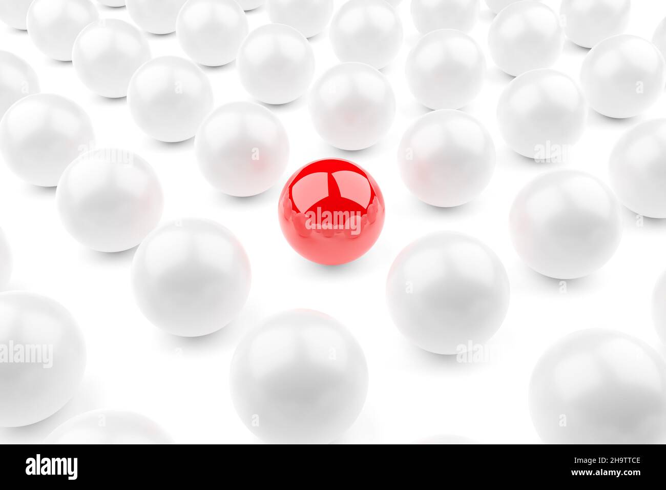Single red sphere in the middle of group of white spheres over white background, team, leadership or individuality concept, 3d illustration Stock Photo