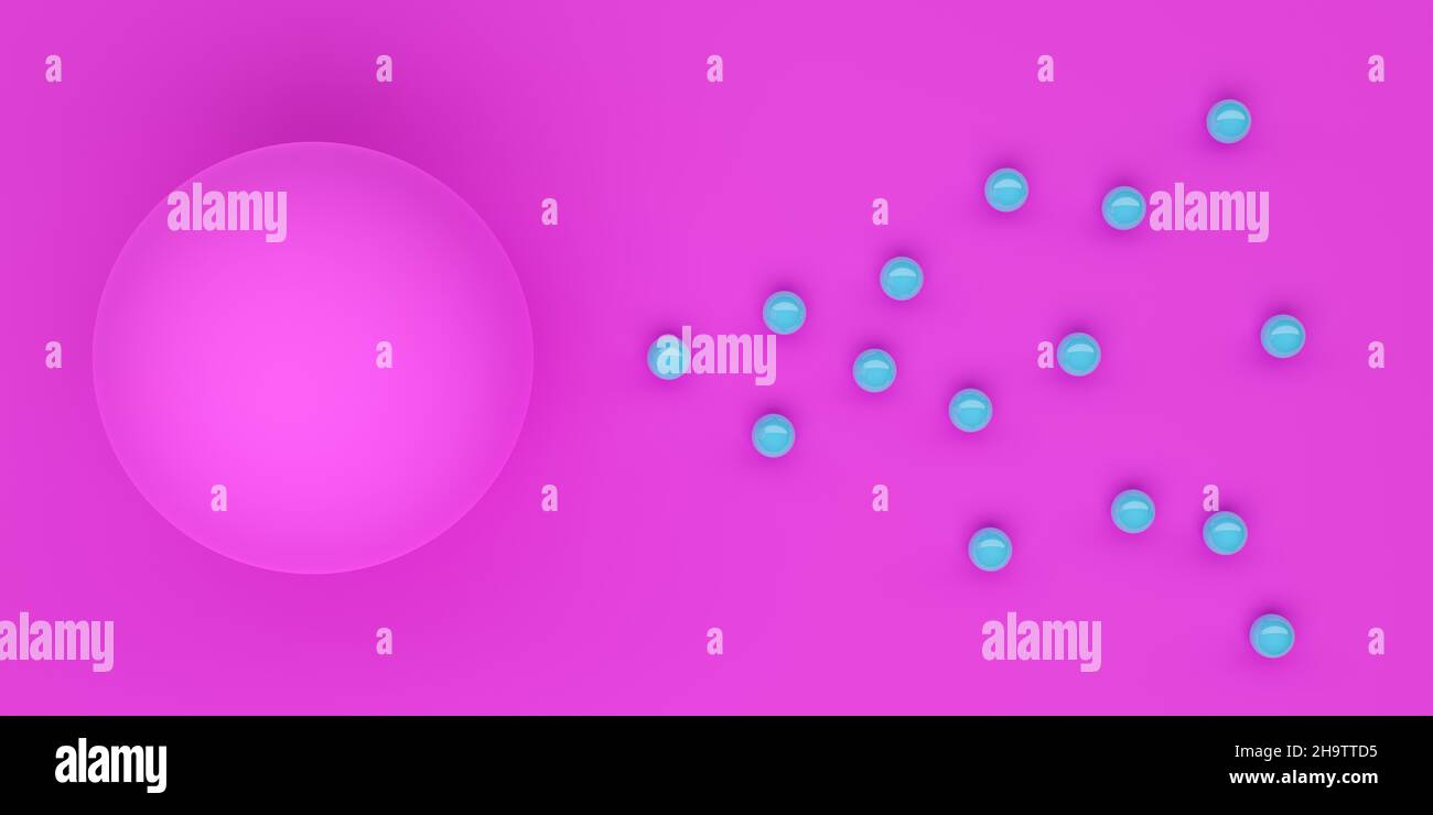 Abstract modern minimal fertilization concept, many cyan blue spheres approaching large pink sphere on pink background, 3D illustration Stock Photo
