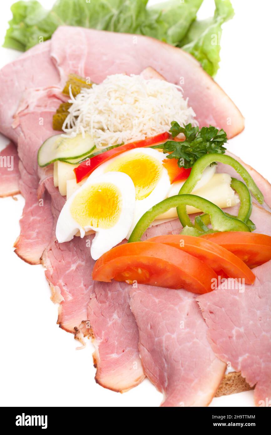 topped bread, meat, occupied, bread, cheese, ham, horseradish, egg, wine tavern, Styria, smoked meat, peppers, tomatoes, Austria, garnished, sausage, Stock Photo
