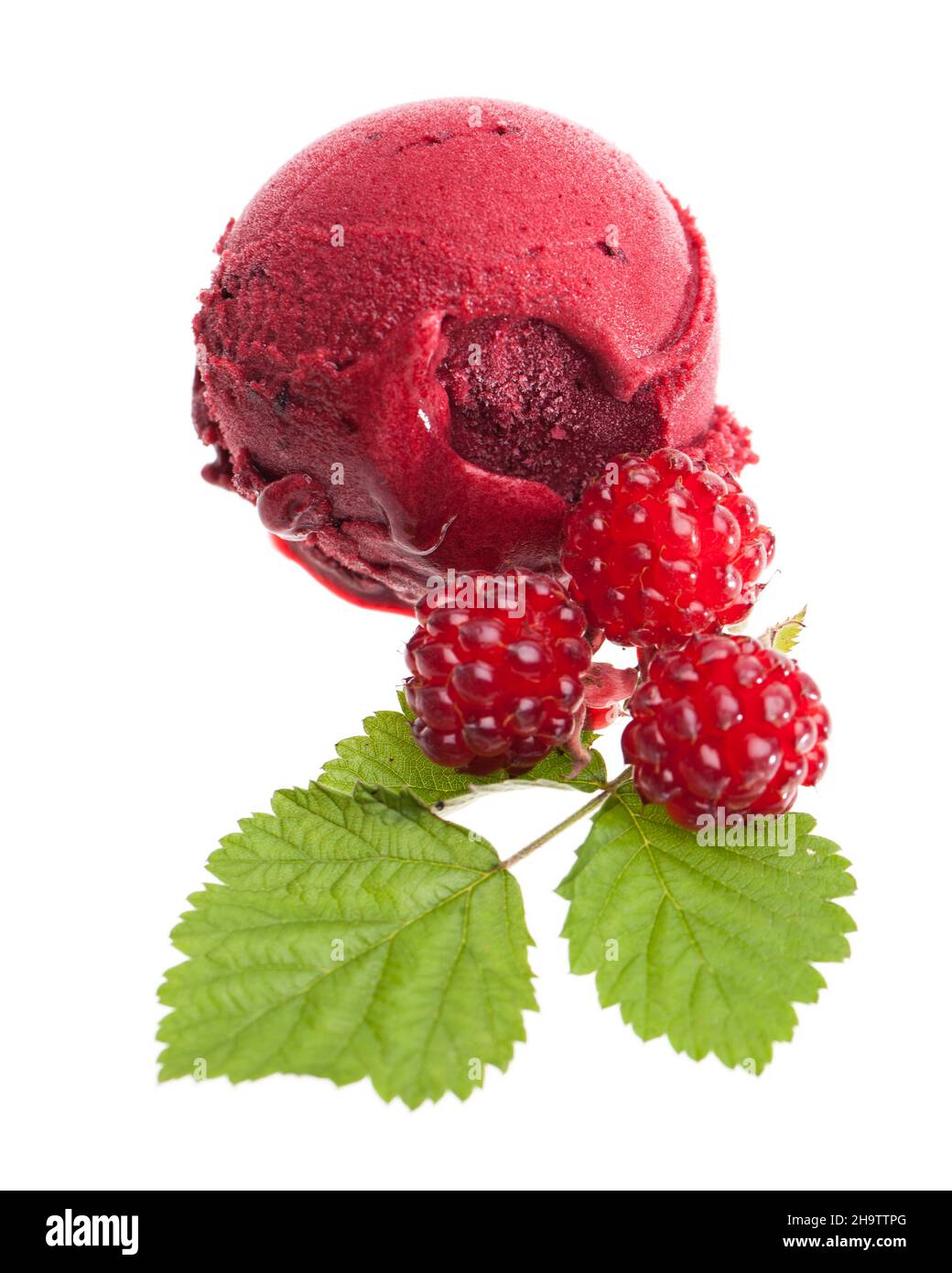 ice, raspberries, raspberry, fresh, sphere, fresh, fruit, Blueberry, food, red, background, white, berries, dark red, greens, leaves, cream, green, le Stock Photo