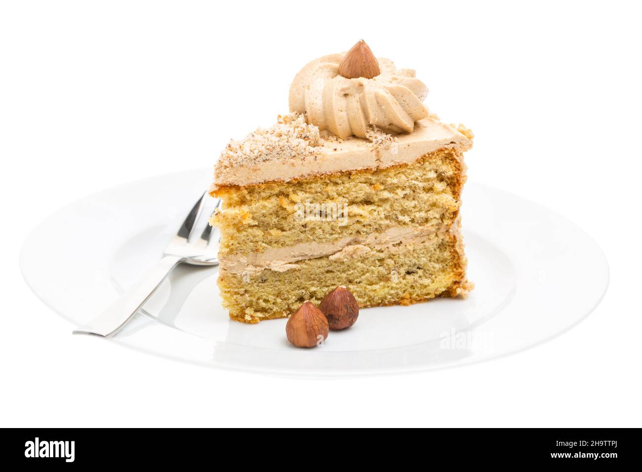 Nut cake, nut cake, one, piece, nuts, hazelnut, fork, plate, white, background, next to it, single, alone, cake decorating, cream, brown, dessert, sma Stock Photo