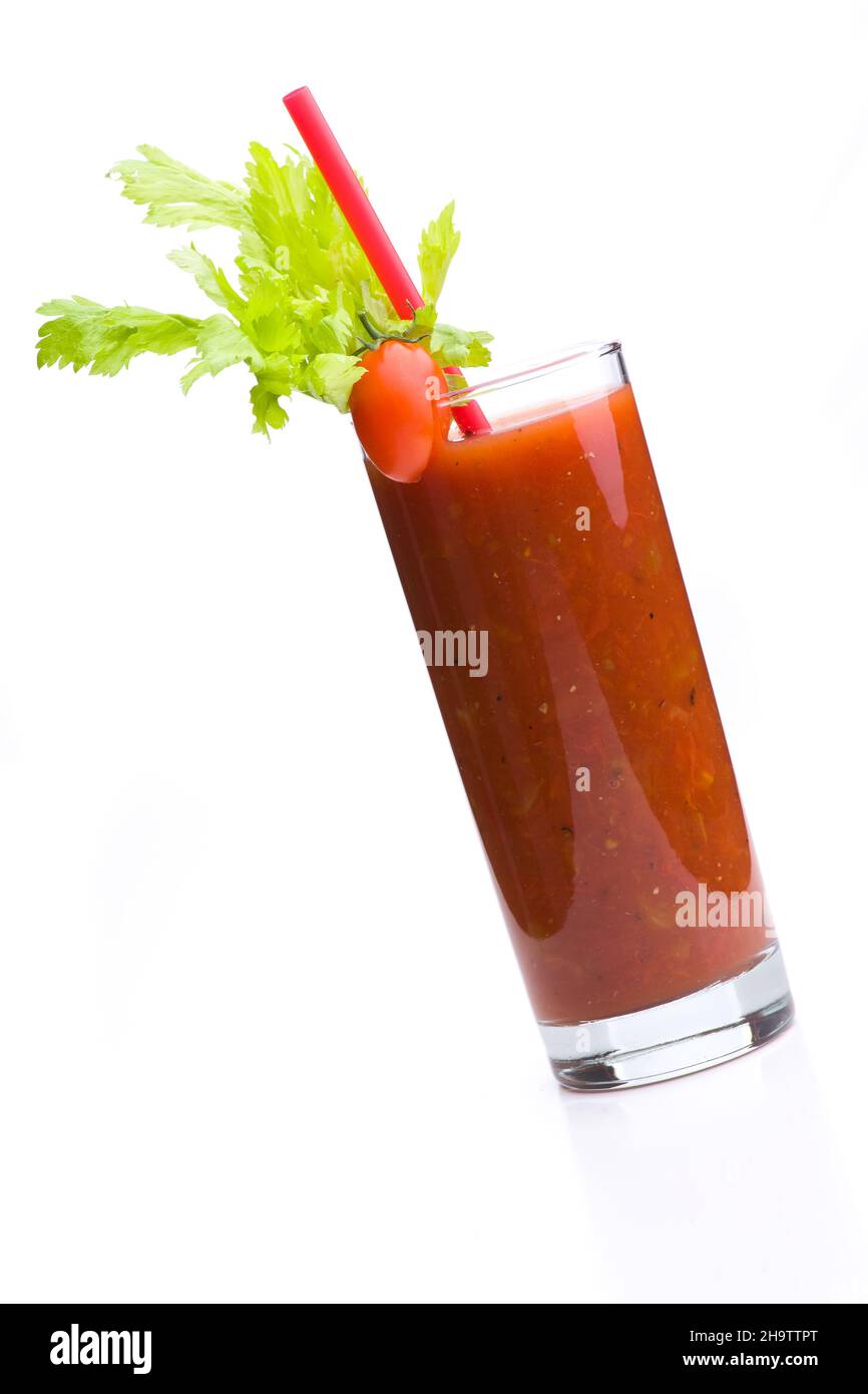 Bloody Mary, cocktail, red, tomato, celery, vodka, headache, tomato juice, mix, glass, classic, tomato, spicy, green, background, sauce, breakfast, le Stock Photo