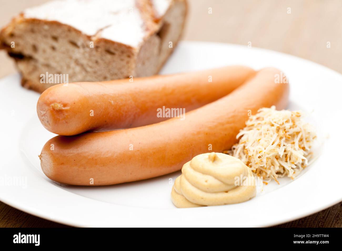 sausages, frankfurters, wieners, mustard, bread, horseradish, couple, sausage, board, detail, wooden board, front plate, white, clipping, close, alone Stock Photo