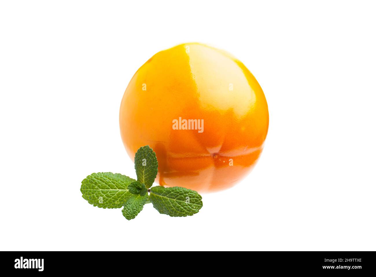 persimmons, sweet, orange, smooth, fruit, tannin, kaki, mint, leaf, green, white, background, isolated, shadow, a, whole, fresh, details, food, fruity Stock Photo
