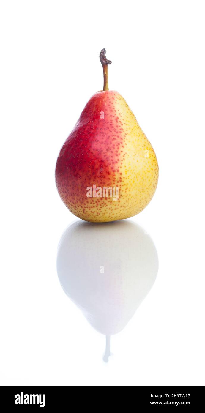 pear, yellow, stem, fruit, style, round, fresh, background, shadow, isolated, white, straight, one, alone, nature, red, beautiful, reflection, studio Stock Photo