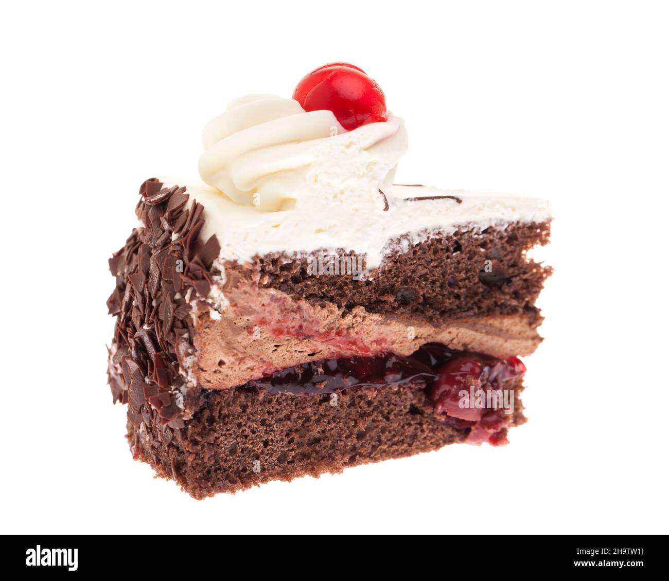 Pie, piece, cream, chocolate, piece of cake, piece of cake, chocolate cake, cream cake, cherries, cherry pie, cake, white, genuine, fresh, standing, o Stock Photo