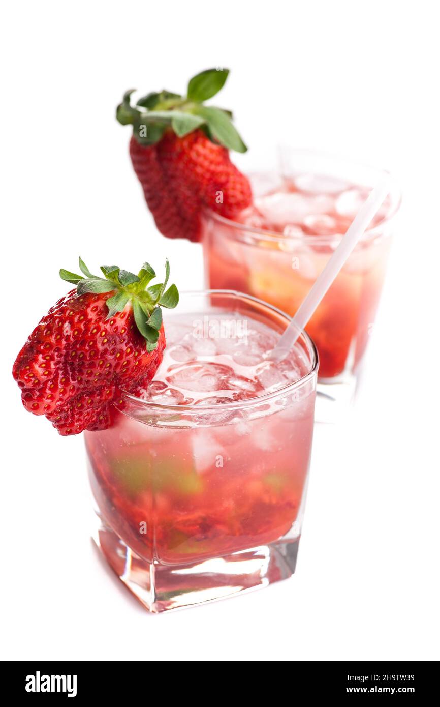 cocktails, red, two, strawberry, cocktail, ice, back, forward, caipiroska, limes, cachaca, green, straw, lime, fresh strawberries, fruit, fresh, old f Stock Photo