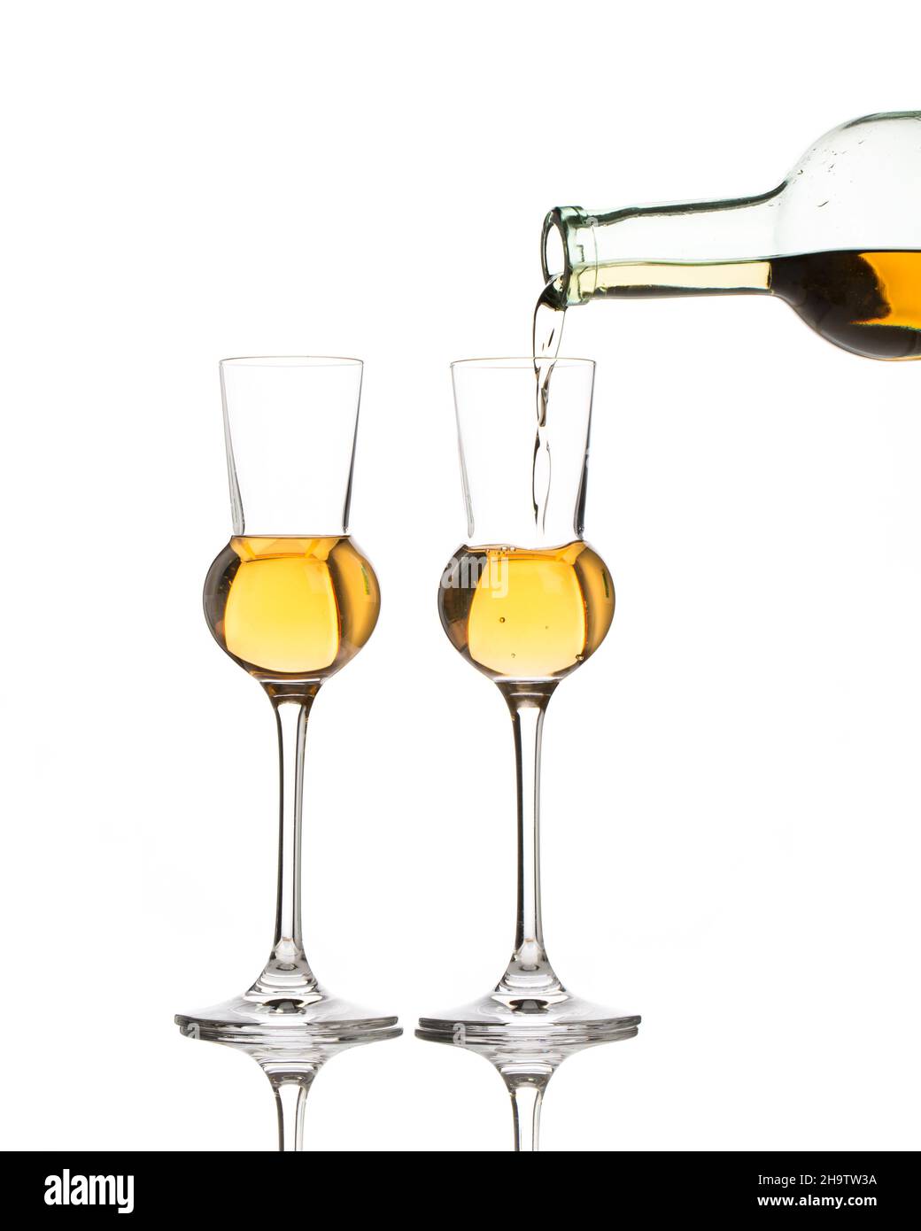 brandy, pouring, shot glass, drop, white, background, bottle, up