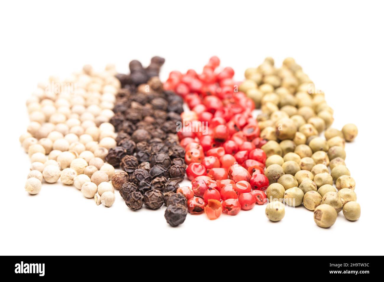 pepper, colorful, different, peppercorns, whole, some, black, white, red, pink, side by side, details, together, line, trace, green, background, close Stock Photo